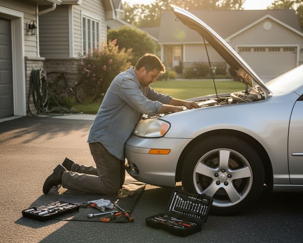 Common Car Problems You Can Fix Yourself with the Right Auto Parts a man fixing his car in his driveway