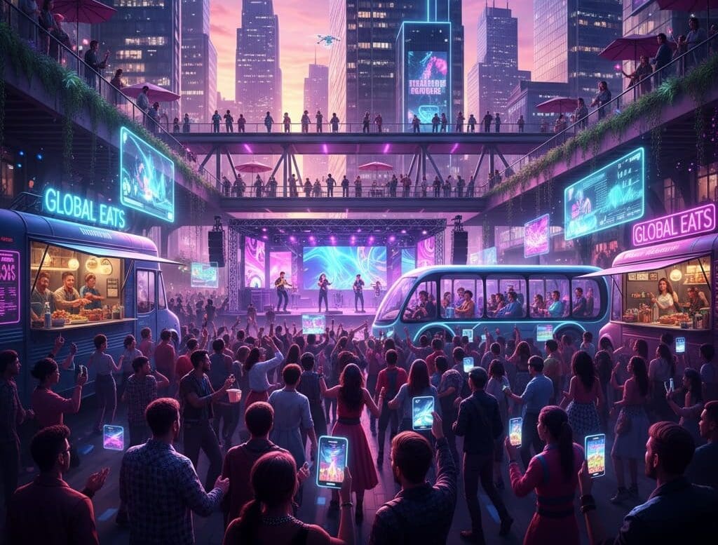 Top Trends in Lifestyle & Entertainment for 2026 a futuristic scene in a town square