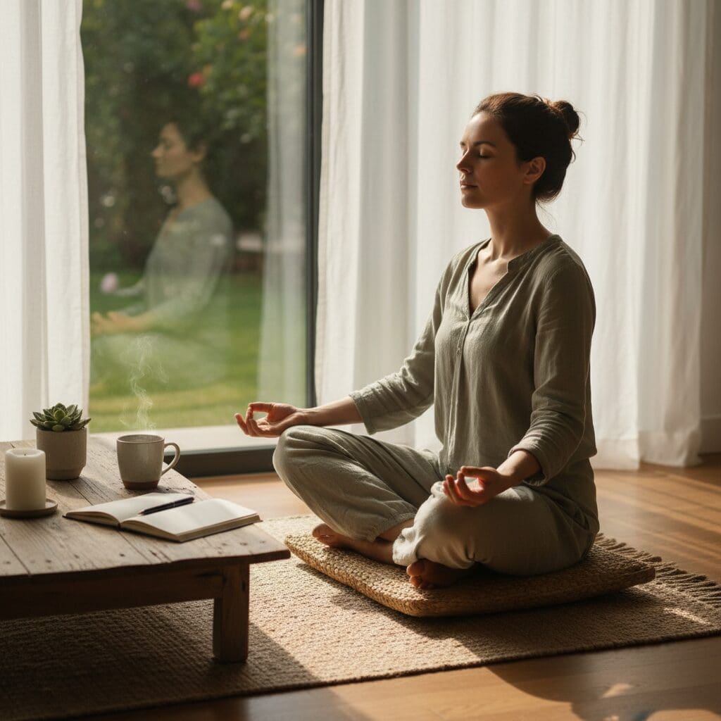 Learning to Stay Calm: Daily Practices to Find Your Center a woman meditating and finding calm