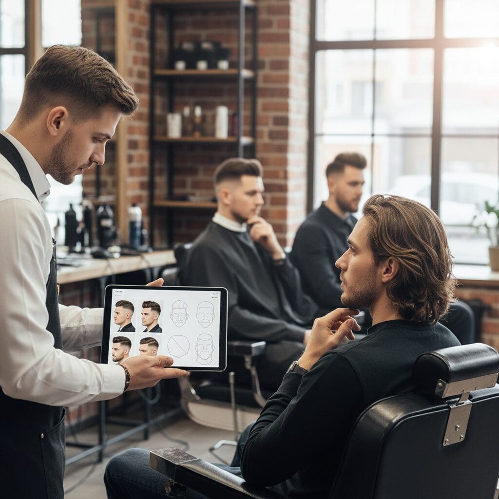 How to Choose the Right Haircut for Your Face Shape: 2026 Guide for Men men in a barber shop, talking about haircuts